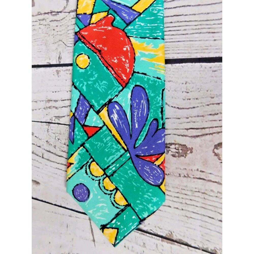 Lands End Geometric Artistic Turquoise Red Yellow Cotton Necktie NWOT 55" x 3.5"